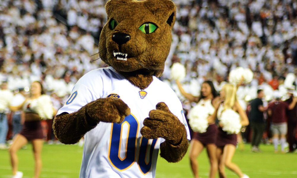 Pitt mascot before the football team faces Virginia Tech on Saturday, Sept. 30, 2023 in Blacksburg, Virginia. (Mitchell Northam / Pittsburgh Sports Now.)