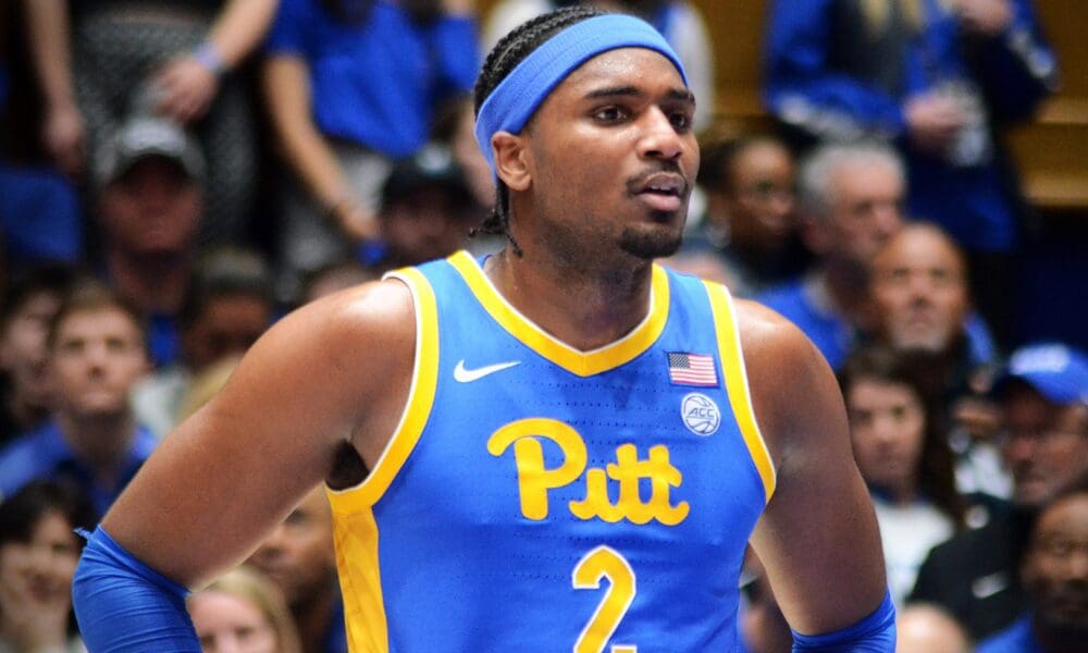 Blake Hinson lines up for a free throw as Pitt plays Duke on Jan. 20, 2024 at Cameron Indoor Stadium in Durham, N.C. (Mitchell Northam / Pittsburgh Sports Now)