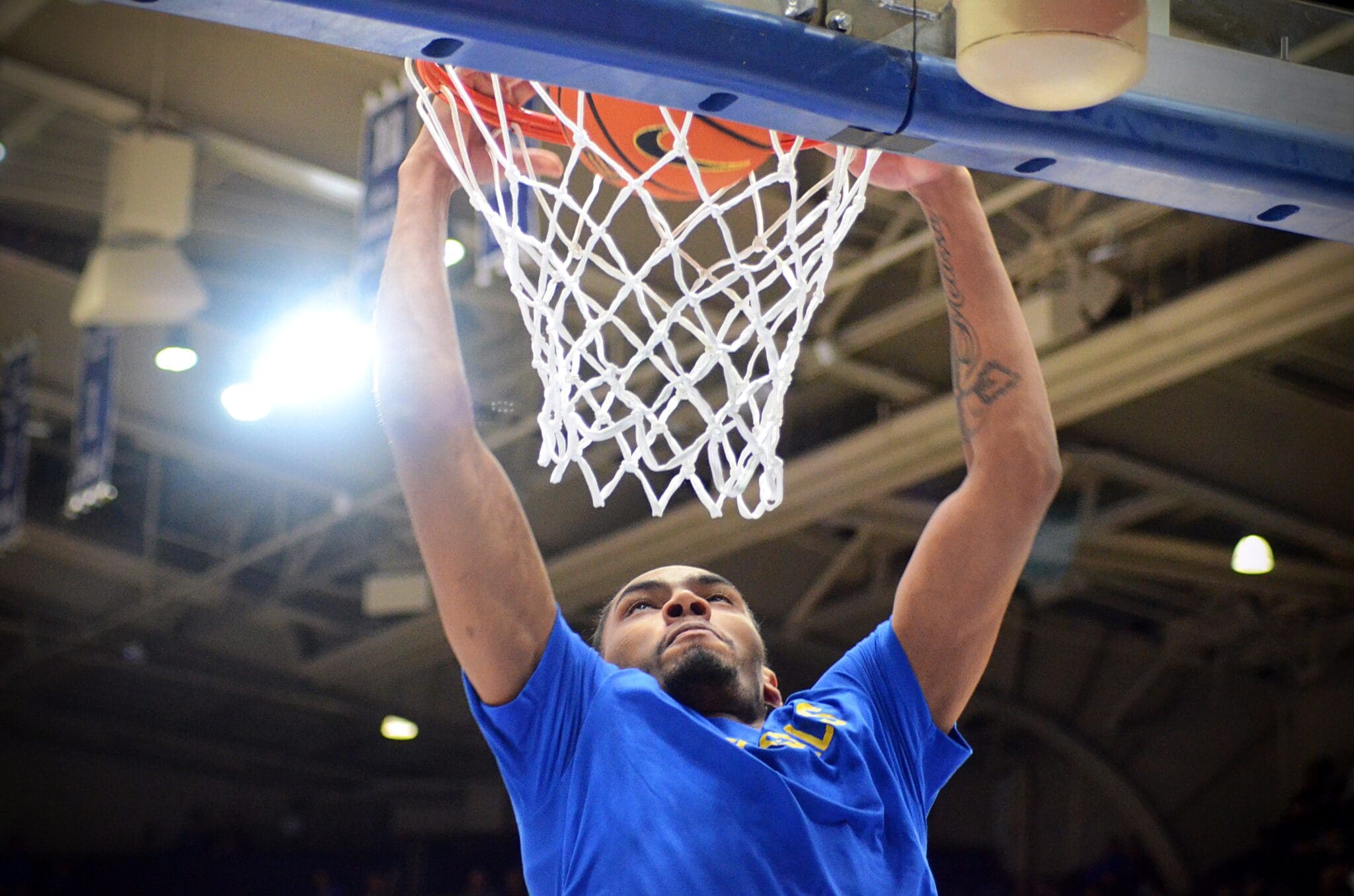 Pitt forward Marlon Barnes, Jr. warms up at Cameron Indoor Stadium in Durham, N.C. before playing against Duke on Jan. 7, 2025. (Mitchell Northam / Pittsburgh Sports Now)