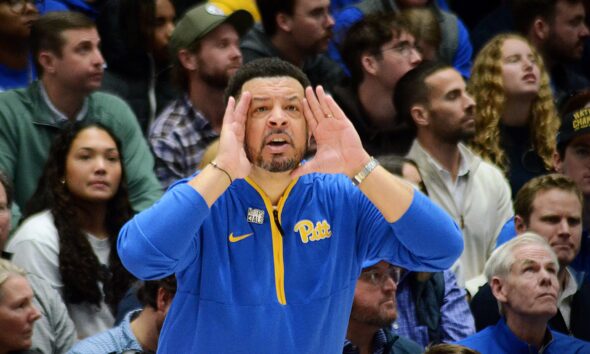 Pitt coach Jeff Capel calls out to his team as they played against Duke on Jan. 7, 2025, in Cameron Indoor Stadium in Durham, N.C. (Mitchell Northam / Pittsburgh Sports Now)