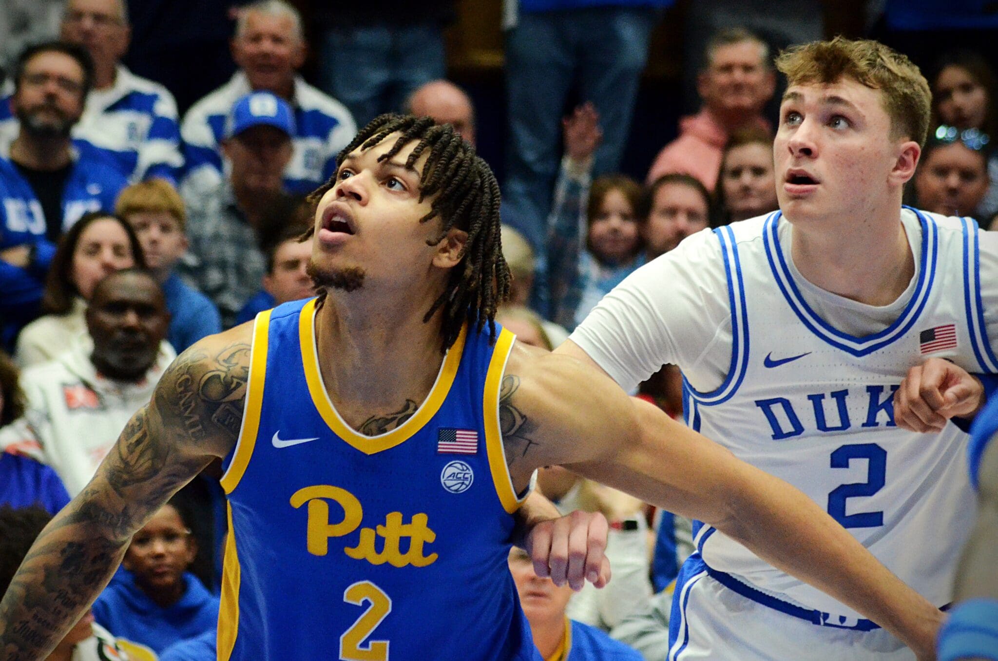 Pitt forward Cameron Corhen boxes out Duke star Cooper Flagg on Jan. 7, 2025, in Cameron Indoor Stadium in Durham, N.C. (Mitchell Northam / Pittsburgh Sports Now)