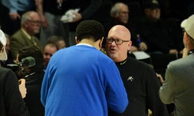 Pitt coach Jeff Capel speaks with Wake Forest coach Steve Forbes before playing against Wake Forest on Tuesday, Feb. 20, 2024, in Winston-Salem, N.C. (Mitchell Northam / Pittsburgh Sports Now)