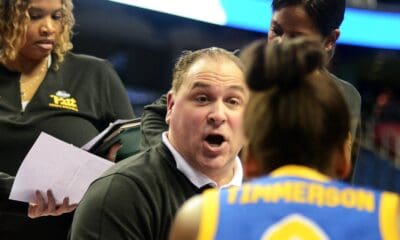 Pitt coach Tory Verdi talks with Jasmine Timmerson during a timeout against Georgia Tech on Wednesday, March 6, 2024, at the ACC Tournament in Greensboro, N.C. (Mitchell Northam / Pittsburgh Sports Now)