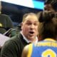 Pitt coach Tory Verdi talks with Jasmine Timmerson during a timeout against Georgia Tech on Wednesday, March 6, 2024, at the ACC Tournament in Greensboro, N.C. (Mitchell Northam / Pittsburgh Sports Now)