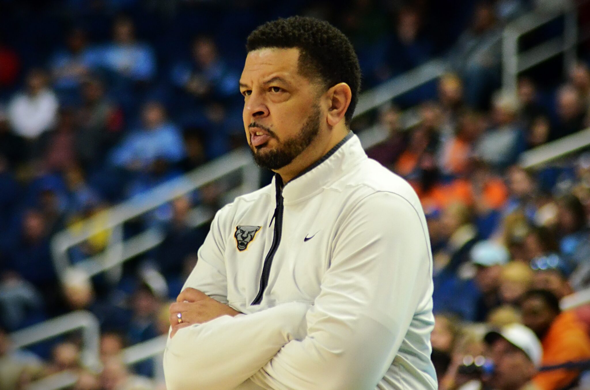 Jeff Capel watches during Pitt's ACC Tournament game vs. Georgia Tech in Greensboro, N.C. on March 8, 2023. (Mitchell Northam / Pittsburgh Sports Now)