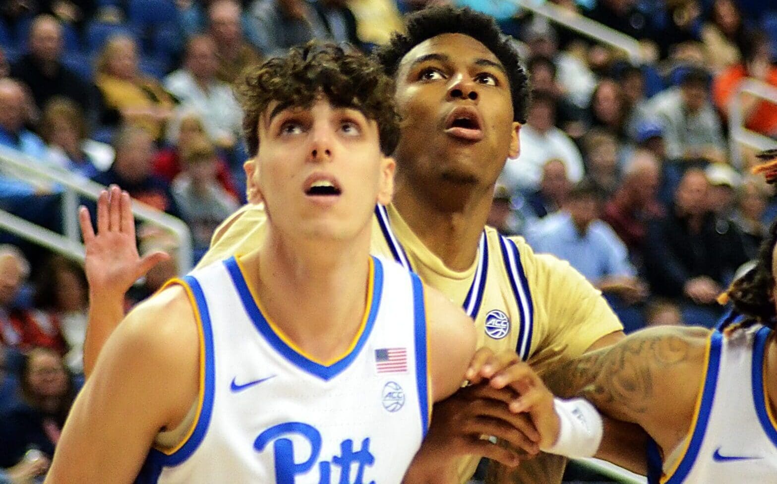 Guillermo Diaz Graham and Nike Sibande box out for a rebound during Pitt's ACC Tournament game vs. Georgia Tech in Greensboro, N.C. on March 8, 2023. (Mitchell Northam / Pittsburgh Sports Now)