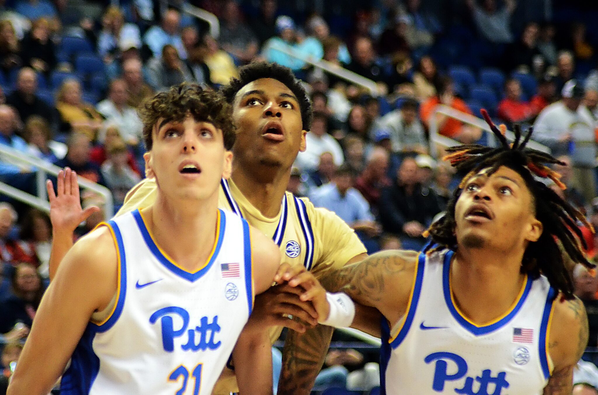 Guillermo Diaz Graham and Nike Sibande box out for a rebound during Pitt's ACC Tournament game vs. Georgia Tech in Greensboro, N.C. on March 8, 2023. (Mitchell Northam / Pittsburgh Sports Now)