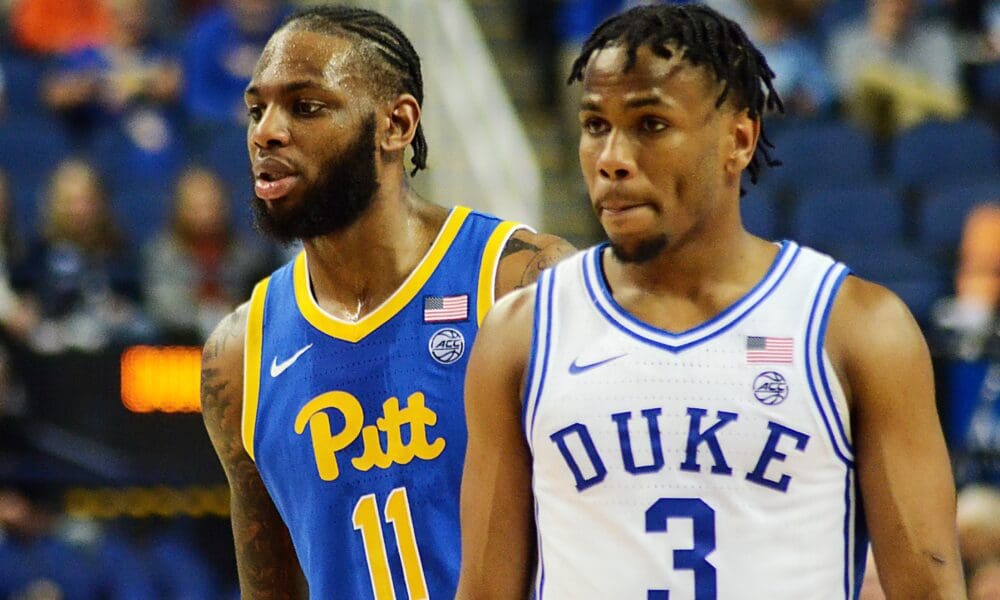 Jamarius Burton and Jeremy Roach as Pitt faces Duke in the ACC Tournament quarterfinals in Greensboro, N.C. on March 9, 2023. (Mitchell Northam / Pittsburgh Sports Now)