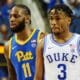 Jamarius Burton and Jeremy Roach as Pitt faces Duke in the ACC Tournament quarterfinals in Greensboro, N.C. on March 9, 2023. (Mitchell Northam / Pittsburgh Sports Now)