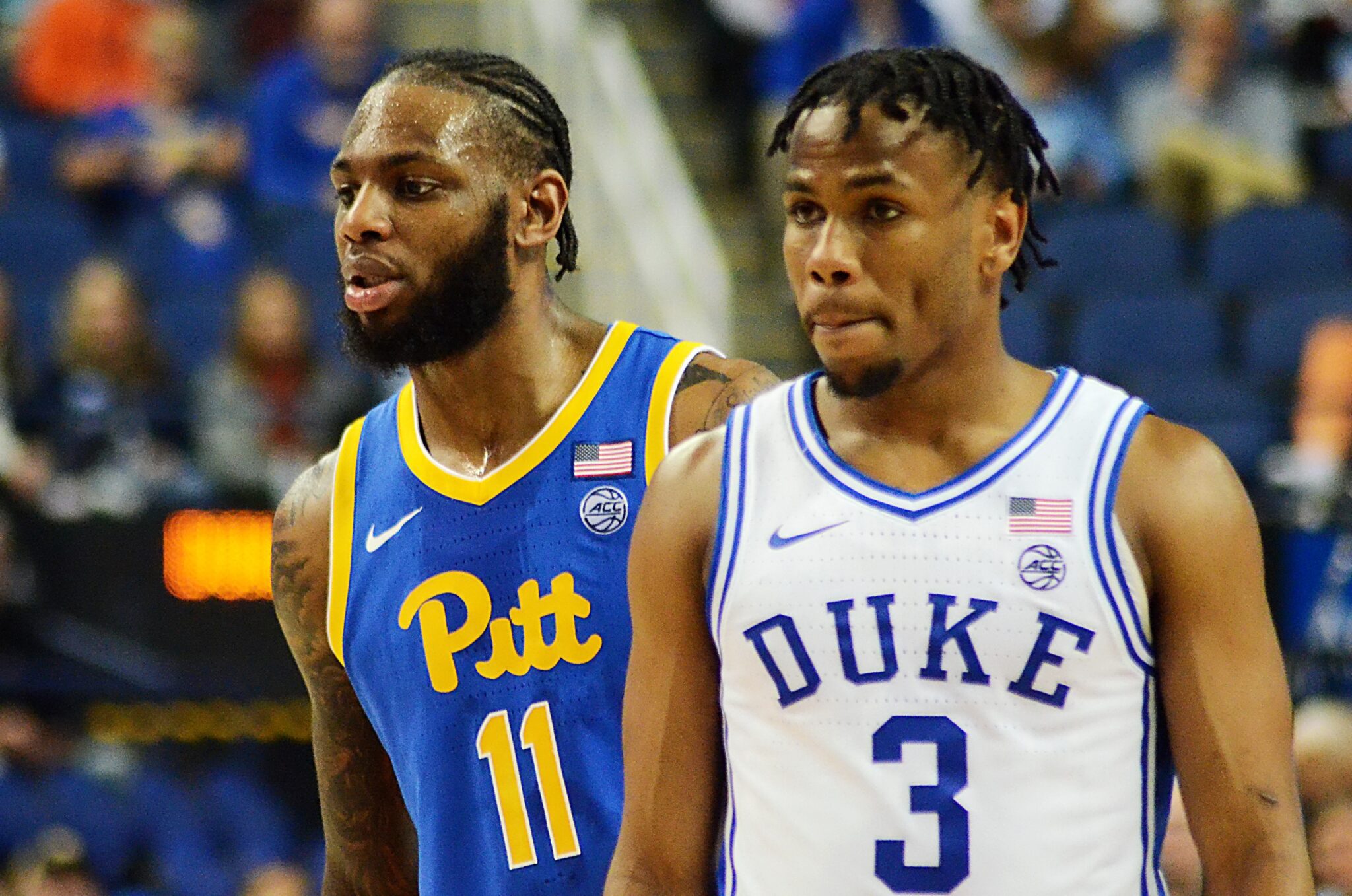Jamarius Burton and Jeremy Roach as Pitt faces Duke in the ACC Tournament quarterfinals in Greensboro, N.C. on March 9, 2023. (Mitchell Northam / Pittsburgh Sports Now)