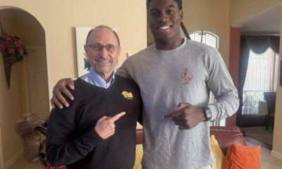 Standout 2026 Texas edge rusher Obinna Umeh with Pitt defensive coordinator Randy Bates. Photo courtesy of Umeh's X account.