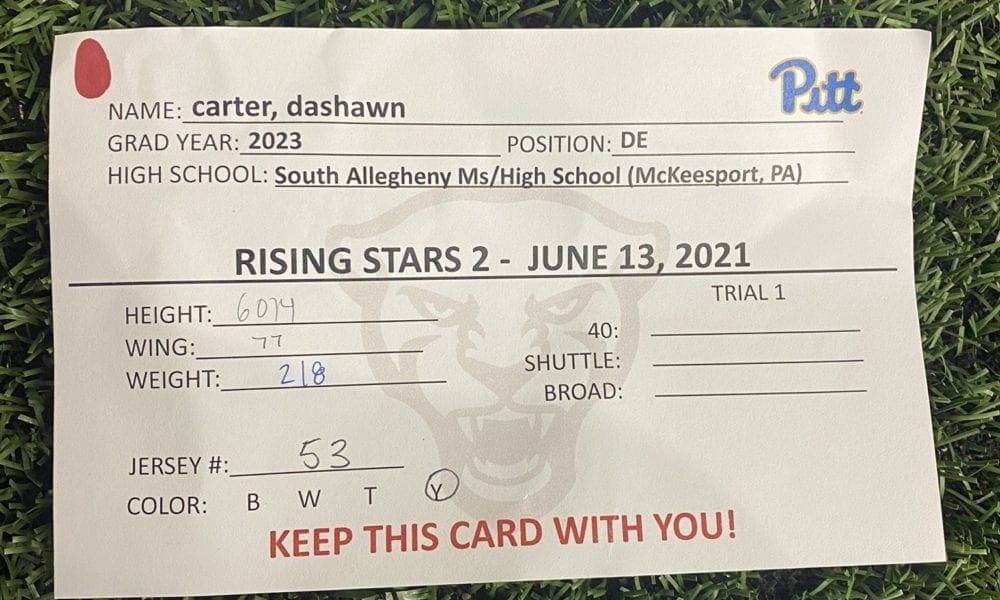 Dashawn Carter's 2021 Pitt football rising stars player card (PC: Dashawn Carter/Twitter)