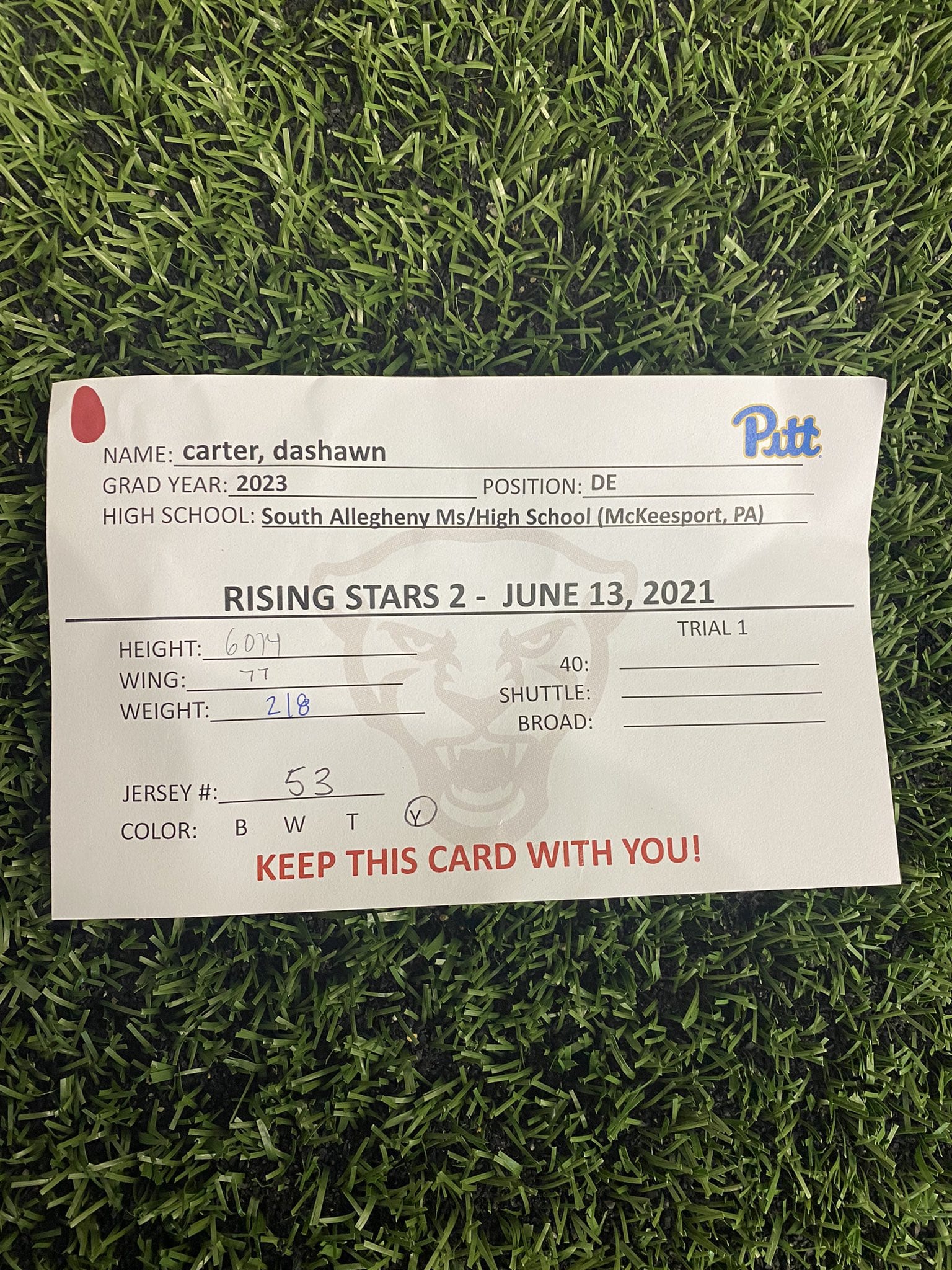 Dashawn Carter's 2021 Pitt football rising stars player card (PC: Dashawn Carter/Twitter)