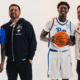 Pitt guard Damarco Minor with head coach Jeff Capel, along with Barry Dunning Jr. with Jeff Capel.