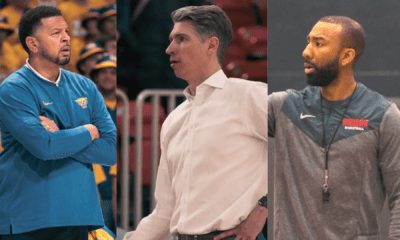 From left to right: Pittsburgh men's basketball head coach Jeff Capel, Robert Morris men's basketball head coach Andy Toole, Duquesne men's basketball head coach Dru Joyce III.