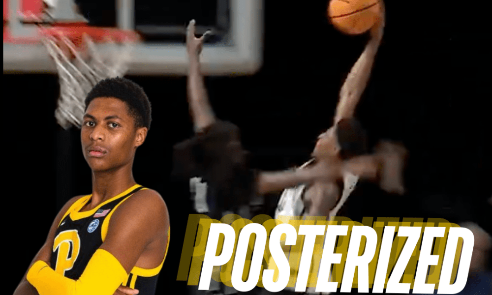 Five-star basketball recruit Meleek Thomas poster dunk over five-star Kentucky recruit Jasper Johnson.